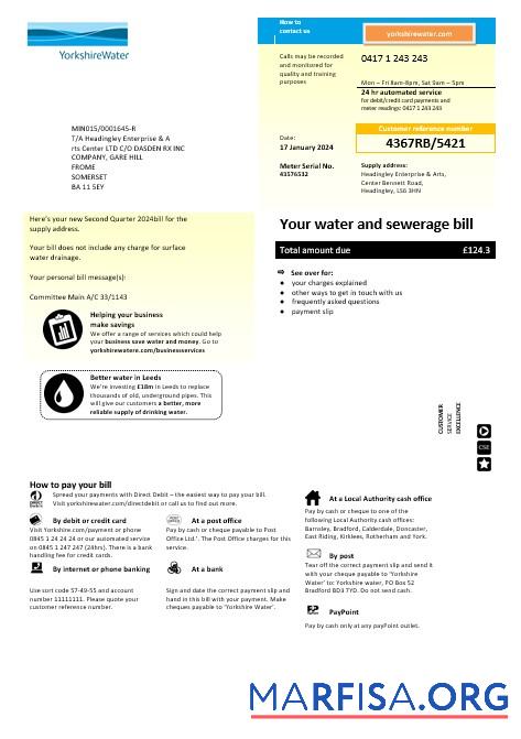 Downloadable United Kingdom Yorkshire water business utility bill template in Word and PDF formats